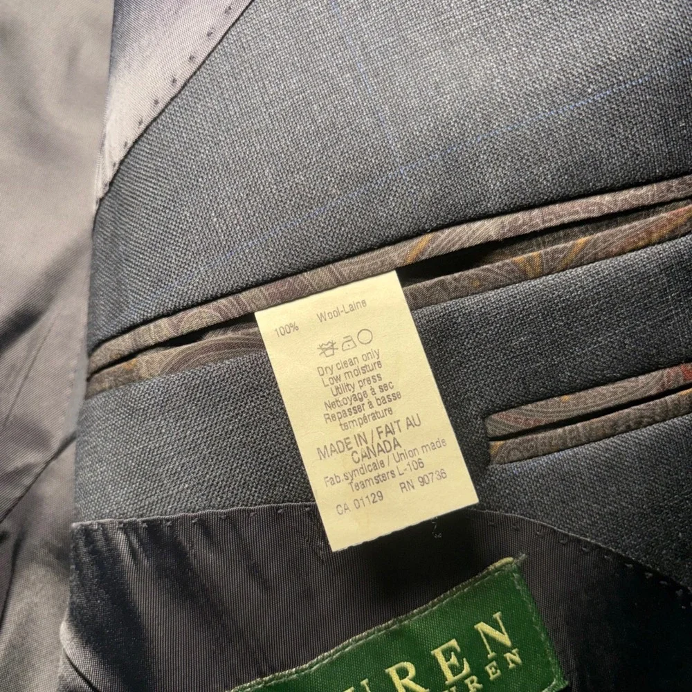 Lauren Ralph Lauren Mens 44L 100% Wool Navy Blue Windowpane Blazer Union Made